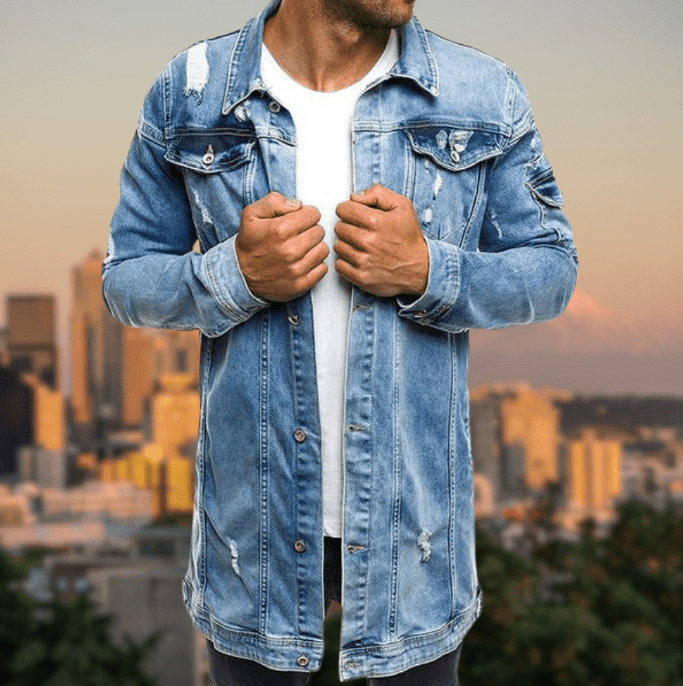 DAVEY - Zerrissene mittellange Denim-Jacke