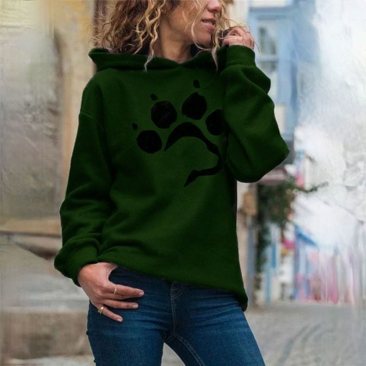 Elle&Vire® - Grüner Kapuzenpullover mit Pfotenabdruck