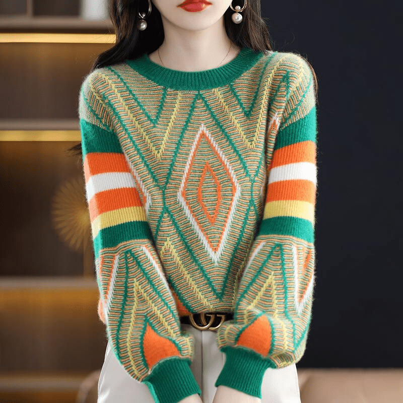 Iris A'leurs® - Eleganter grün-orange gemusterter Pullover