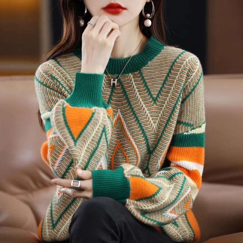 Iris A'leurs® - Eleganter grün-orange gemusterter Pullover