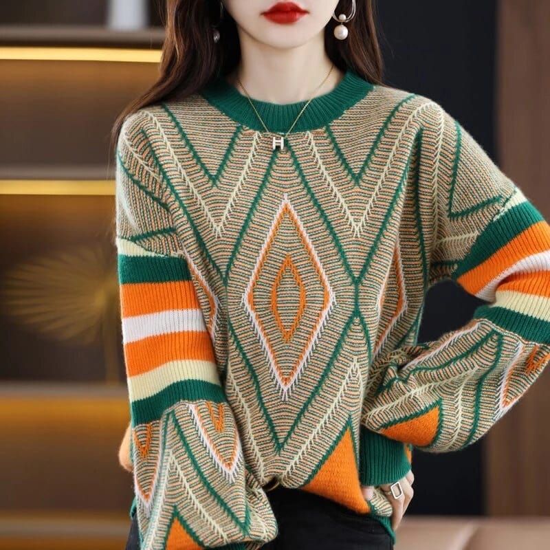 Iris A'leurs® - Eleganter grün-orange gemusterter Pullover
