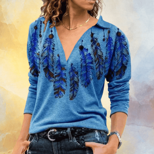 Elle&Vire® - Blauer Pullover mit Federmuster