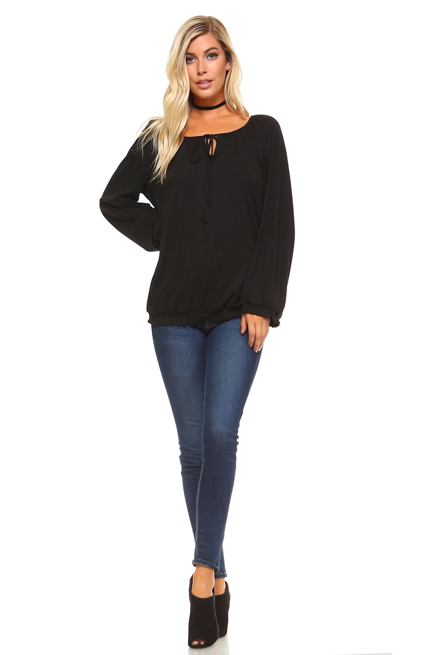 Olivia: Damen Langarm Solide Boho Bluse