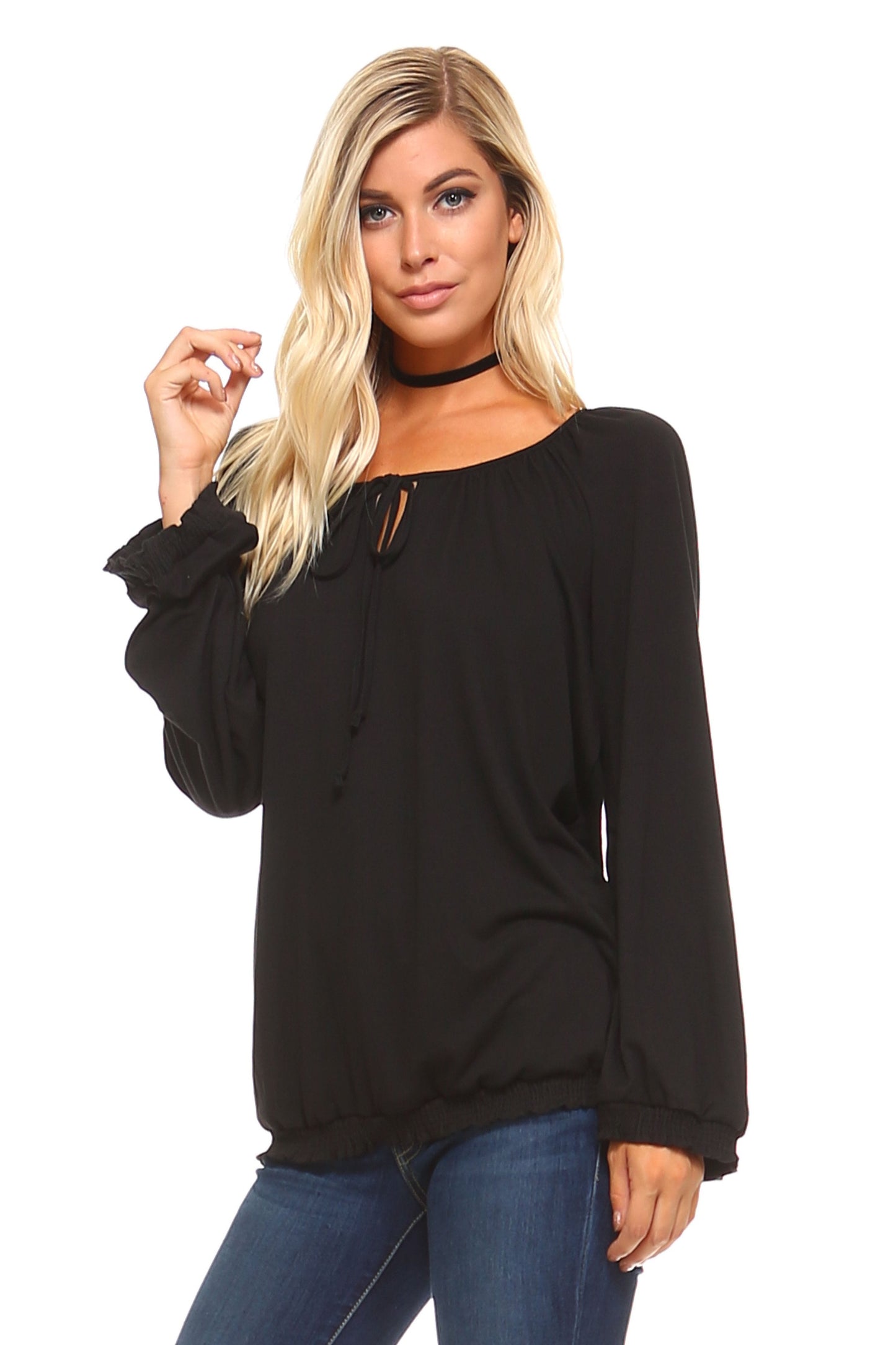 Olivia: Damen Langarm Solide Boho Bluse