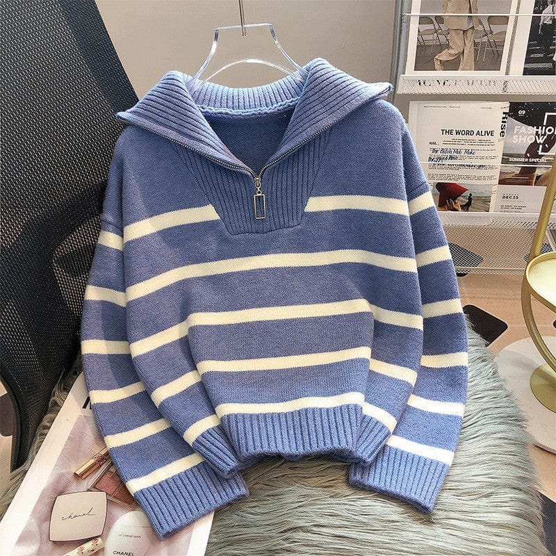 VIELA - Reißverschluss Gestreifter Strickpullover