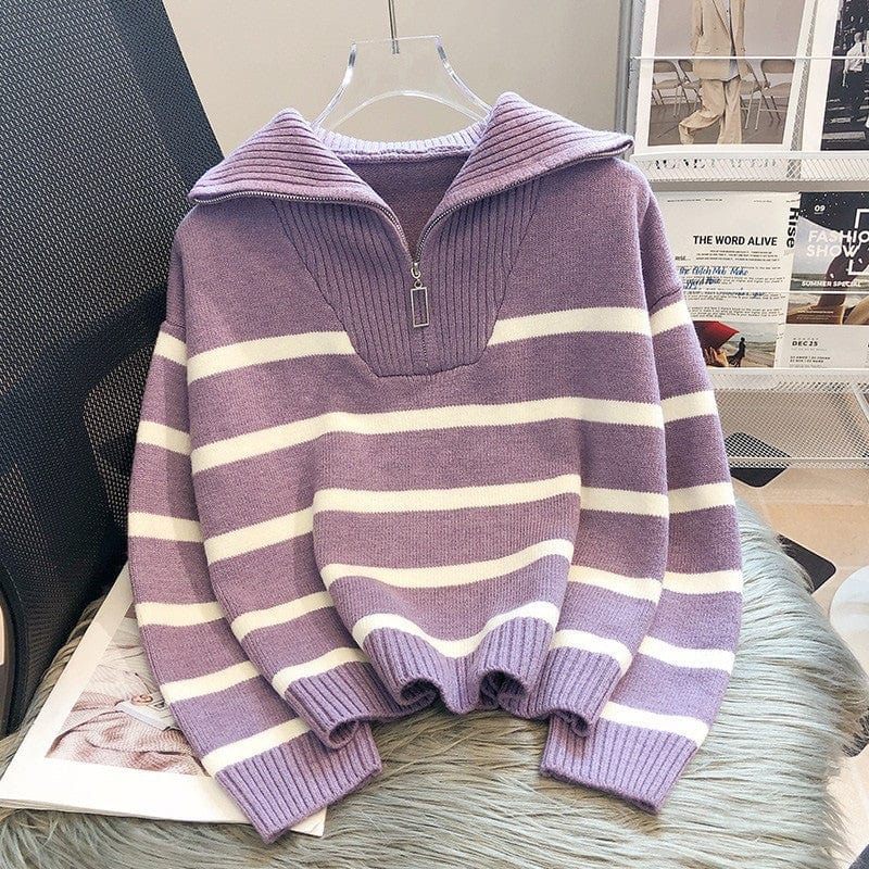 VIELA - Reißverschluss Gestreifter Strickpullover